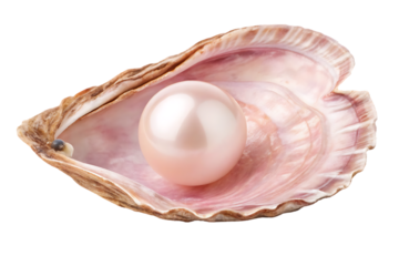 Pink-tinted pearl resting in rose-colored shell interior with delicate hues throughout, isolated on a transparent background