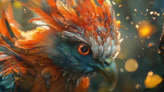 Colorful majestic bird with vibrant feathers and captivating gaze in a mystical forest setting with soft glowing lights