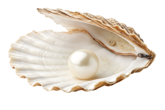 Pearl in open oyster shell with lustrous surface, natural nacre interior, isolated on a transparent background