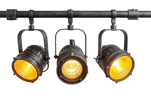 Industrial-style spotlights mounted on a dark metal pipe