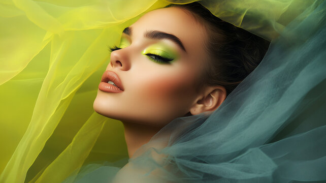 Close-up of an elegant woman with green makeup, radiant and smooth skin on a background with soft fabric