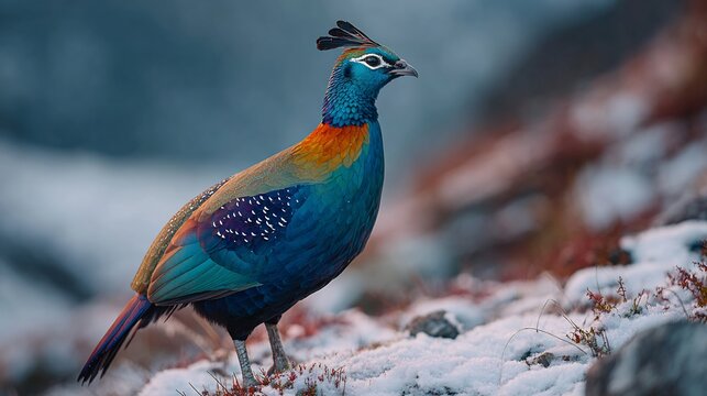 A vibrant himalayan monal pheasant stands proudly on a snowdusted mountain slope in its natural habitat