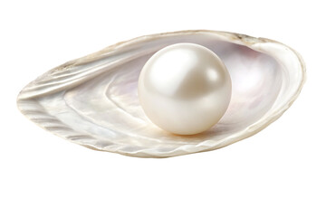 Elongated mussel shell opened wide revealing perfectly round white pearl positioned centrally within its smooth interior chamber, isolated on a transparent background