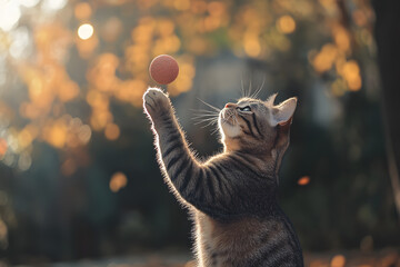 a cat reaching up to catch a ball