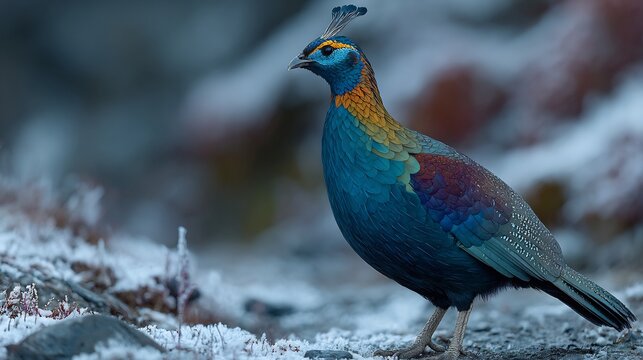 Himalayan monal pheasant standing in a snowy mountain environment, showcasing its iridescent plumage and colorful feathers