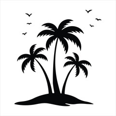 Silhouette of three palm trees on a small island with birds flying above