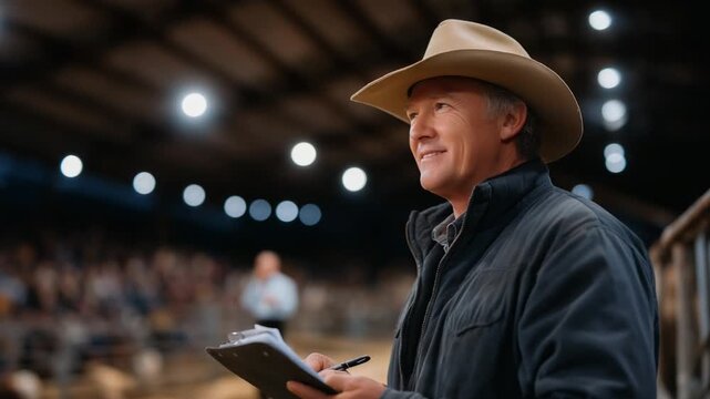 Dynamic cattle auction scene with a farmer actively bidding, holding a paddle and notepad.