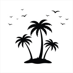 Silhouette of palm trees and birds against a white background