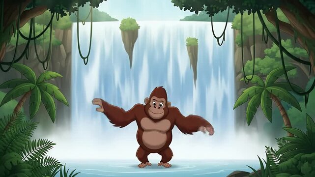 Cartoon gorilla doing arm circles near jungle waterfall with light animated motion
