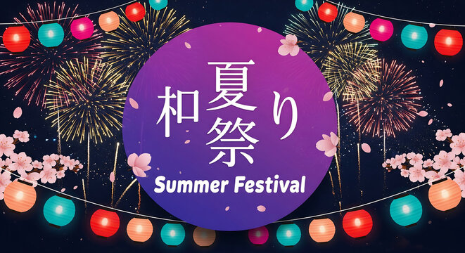 Vibrant japanese summer festival with fireworks and festive lanterns under a starry night sky