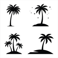 Silhouettes of tropical palm trees on islands under a starry sky