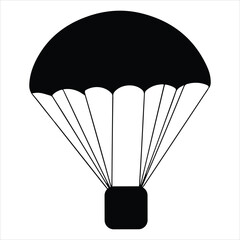 Simple black silhouette of a parachute with a cargo box