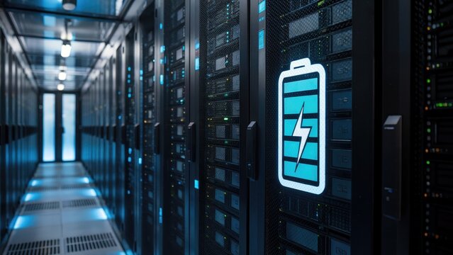 Modern server room with glowing battery icon symbolizing energy and power efficiency