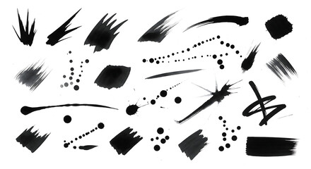 Collection of diverse black ink brush strokes and splatters on a white background
