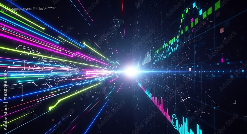 Aufkleber vibrant digital streams converge towards a bright central point, creating a dynamic, futuristic tunn