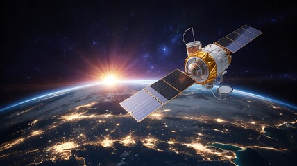 A sophisticated satellite orbits the earth, with the sun rising on the horizon, illuminating the planets atmosphere and city lights below