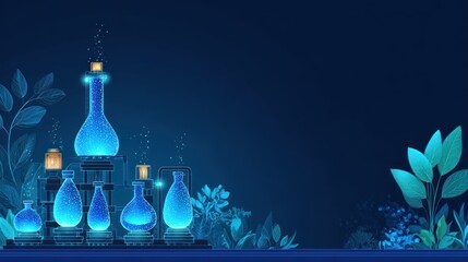 Abstract digital illustration of glowing laboratory flasks