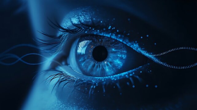 A close up of a blue eye with digital information