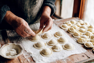 Elderly hands shaping homemade dumplings on a rustic wooden table, dusted with flour. Warm natural light evokes tradition, care, and cozy family cooking