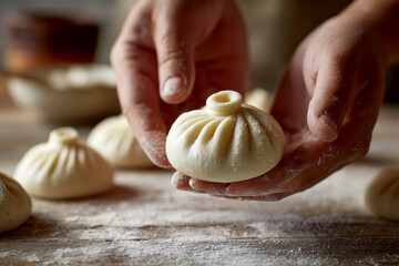 Close-up of young hands holding a raw khinkali dumpling. Traditional Georgian cuisine in the making, captured in warm natural light on a rustic wooden table.
