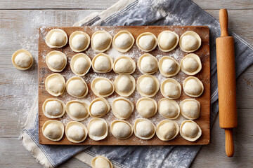 Flat lay of raw homemade dumplings arranged in rows on a wooden board. Rustic kitchen setup with flour, rolling pin, and linen towel, perfect for traditional food presentations.