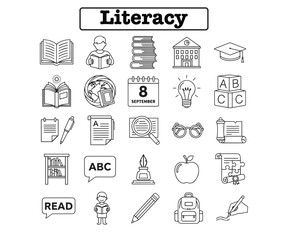 Literacy Vector Icons: Black & Line Art Graphics
