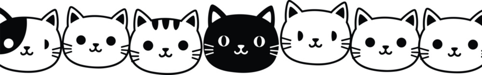 Adorable kawaii cat face illustration, black and white cartoon kitty heads, cute animal icons for sticker, kids, print, vector, design