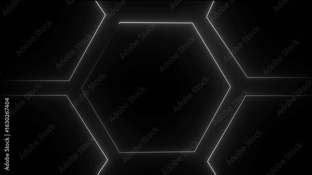 Poster glowing neon light hexagon frame animated on black background. seamless loop. 4k animation.