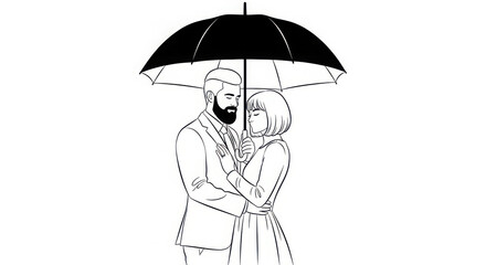 Couple embracing under a black umbrella in the rain
