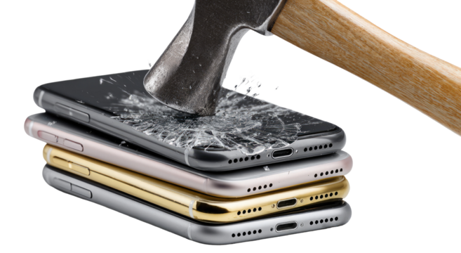 A hammer strikes a stack of smartphones, shattering a screen protector