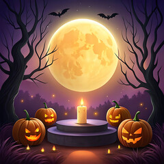 Fototapeta premium Spooky halloween scene with glowing jack o lanterns under a full moon