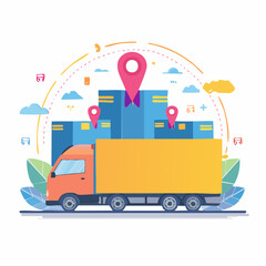 Fototapeta premium Logistics and transportation concept with a delivery truck, cargo boxes, and location pins for tracking shipments