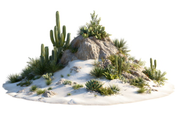 White sand hill with cacti and desert plants, isolated.