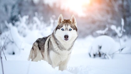 Naklejka premium Husky in snowy forest (2)