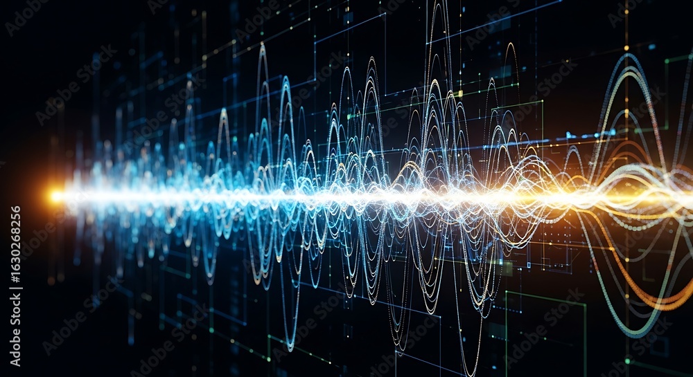 Poster abstract representation of sound waves, overlaid with complex digital data visualizations.