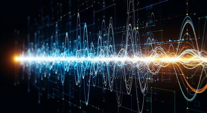 Abstract representation of sound waves, overlaid with complex digital data visualizations.