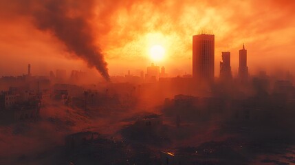 Obraz premium Apocalyptic cityscape featuring a disaster background. Ruins, smoke, and dust paint a scene of destruction under an orange sky. A powerful image conveying aftermath and resilience.