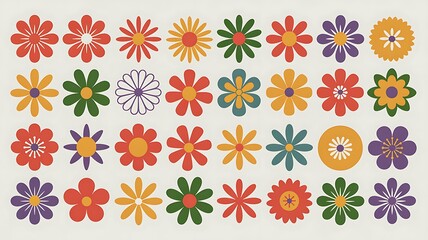 Vibrant collection of retrostyle flowers in various colors and shapes, featuring diverse petal designs and a light, textured background