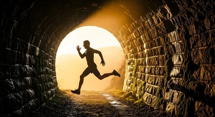 Silhouette of a runner exiting a stone tunnel, bathed in warm sunset light.  The runner appears to be leaping towards a bright opening.