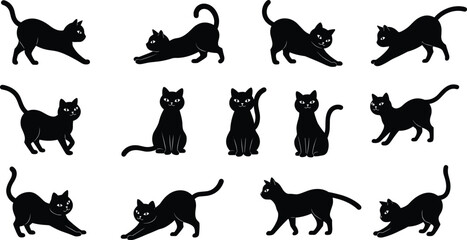 Black cat silhouettes collection in sitting, walking, stretching, playing positions, cute pet animal vector illustration set for design, decoration