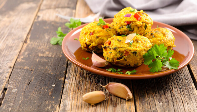 Golden mini omelette muffins topped with diced red onions and fresh herbs served on brown plate with garlic cloves and parsley on rustic wooden table, evoking cozy homemade feel