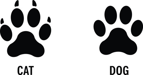 Cat and dog paw print comparison, black pet footprints silhouette, animal paw icon vector, isolated on white background, simple design