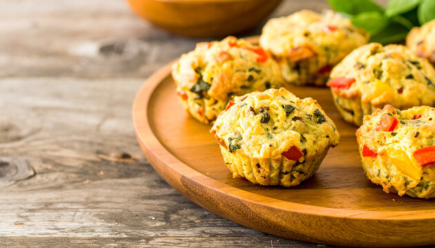Mini baked omelette muffins with colorful vegetables served on wooden plate, offering healthy and appetizing breakfast option with vibrant red and yellow peppers and greens