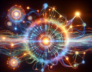 Fototapeta premium Digital Network Visualization: An intricate display of interconnected data streams and glowing nodes forming a complex, radiant network symbolizing digital connectivity and technological innovation.