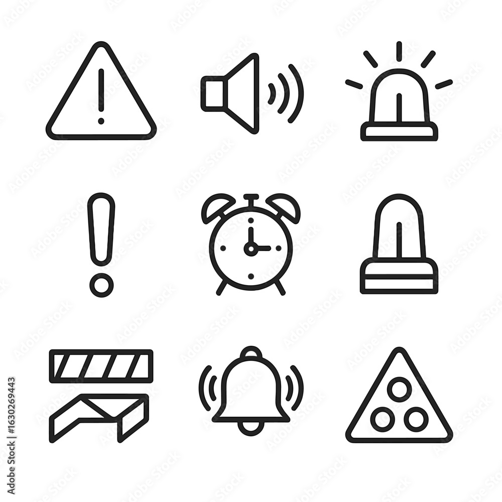 Poster noise warning icons. outline icon set of noise warnings and alerts: warning sign, volume alert, sire