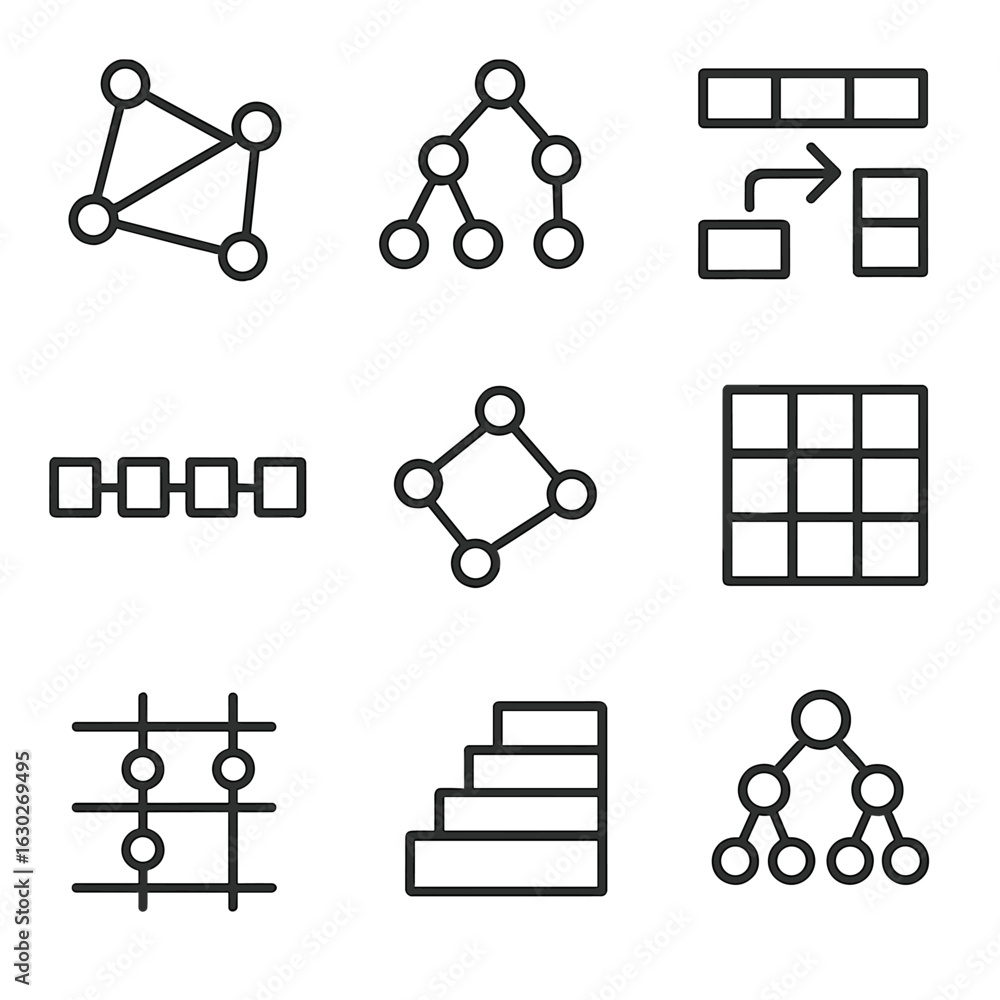 Poster nonlinear data structures icons. outline icon set of nonlinear data structures: graph, tree, hash ma