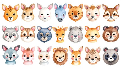 Cute animal portraits, watercolor style