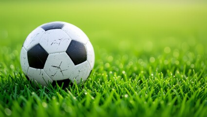 Fototapeta premium High-Quality Close-Up Image of Worn Soccer Ball on Green Grass Field.