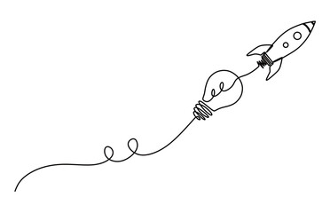 Obraz premium continuous line art of a lamp and a rocket on top of it. concept of getting good and brilliant ideas to increase income