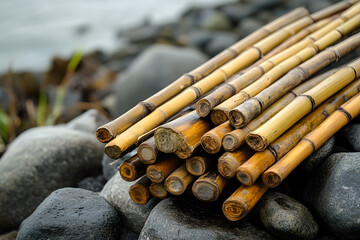 a pile of bamboo sticks sitting on top of a pile of rocks